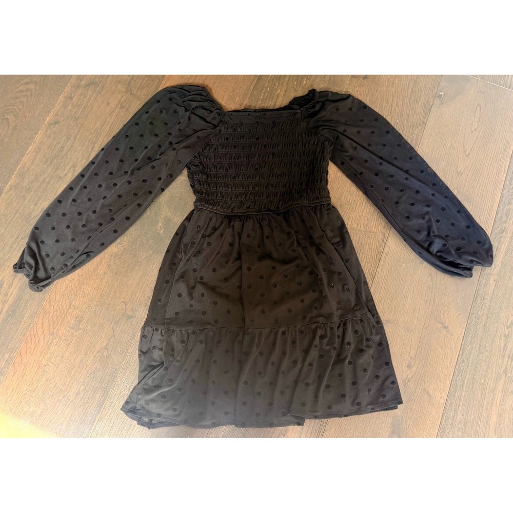 Art Class Black Long Sleeve Smocked Swiss Dot Ruffle Tiered Mini Dress